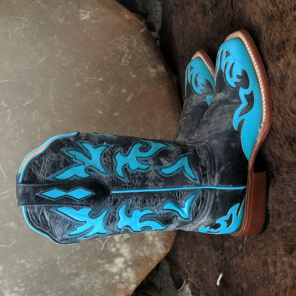 JOHNNY RINGO E1385 charcoal gray & turquoise wing tip boots square toe sz 6.5B - Picture 6 of 16